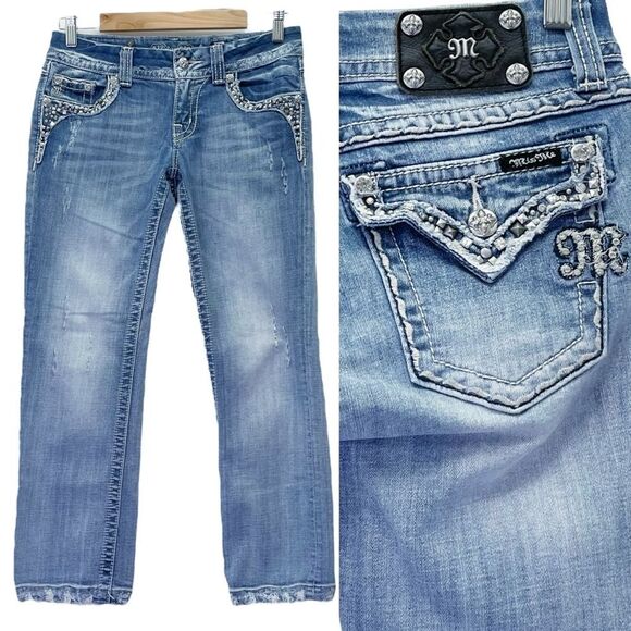 Miss Me Cropped Jeans Straight Leg Mid Light Wash Y2K Back Flap Jeans Size 27 - Picture 14 of 14